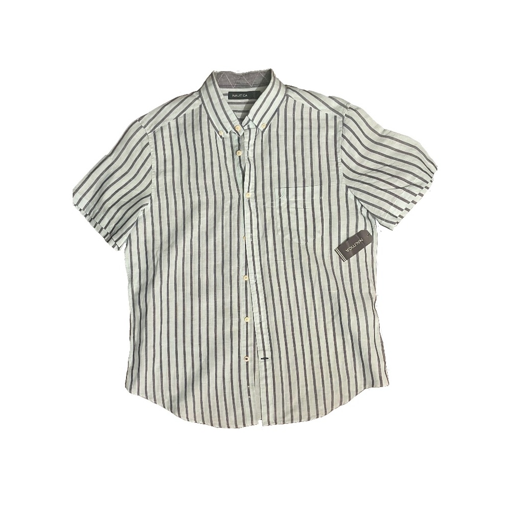 NAUTICA: Light Blue and Gray Short Striped Button-Up Shirt